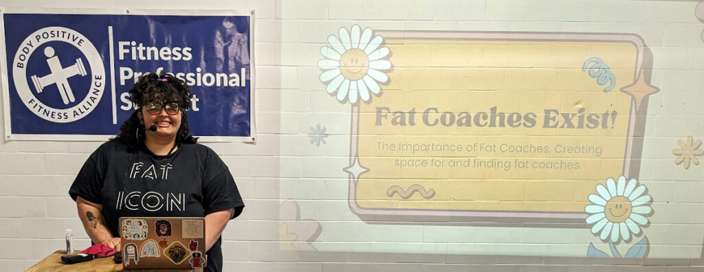 Tasheon Chillous gives a talk at the BPFA Inclusive FitPro Summit called Fat Coaches Exist