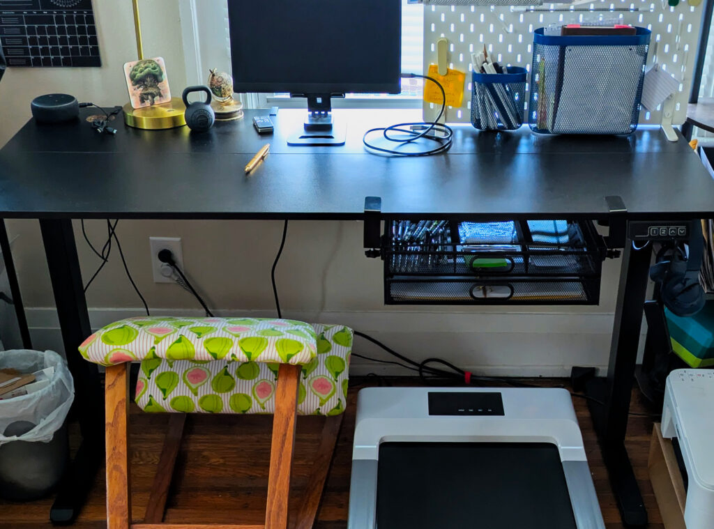 my sit/stand work desk setup with kneeling chair and under desk walking pad