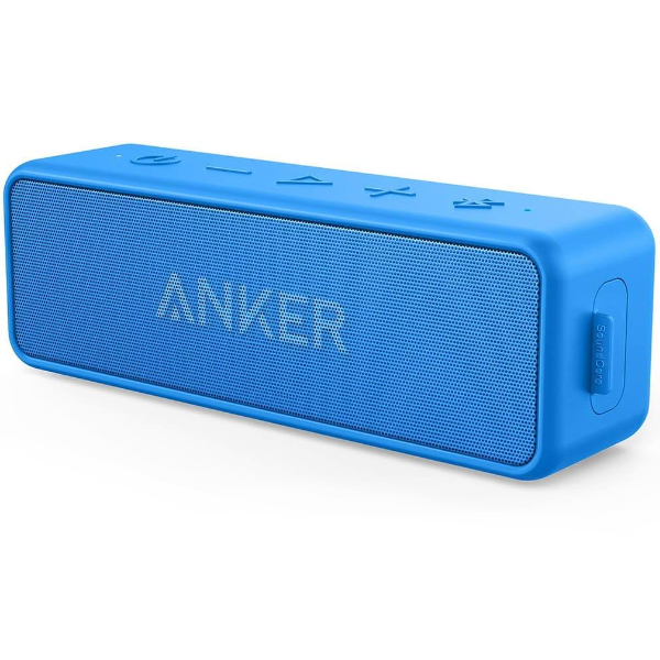 a blue rectangular bluetooth speaker