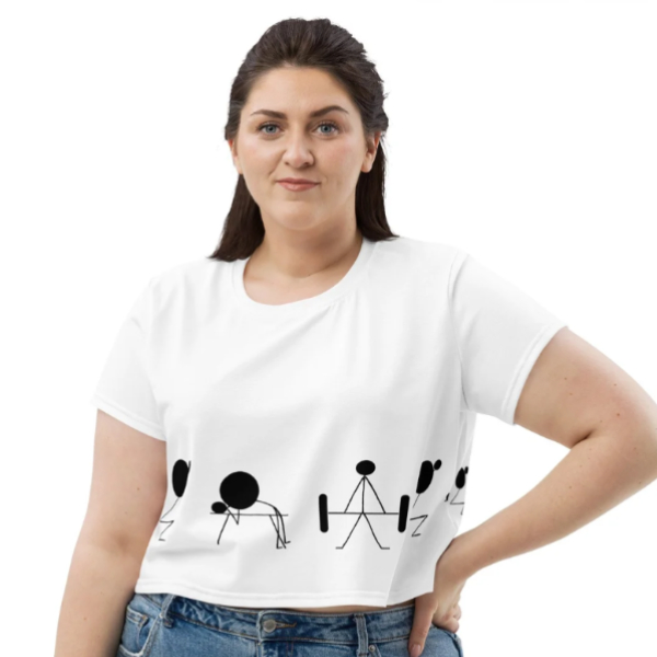 a white crop top with stick figures doing weightlifting exercises with barbells along the bottom
