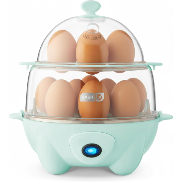 a two-level seafoam colored hardboiled egg cooker with on/off button