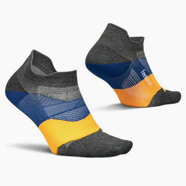dark grey socks with navy and yellow bands of color