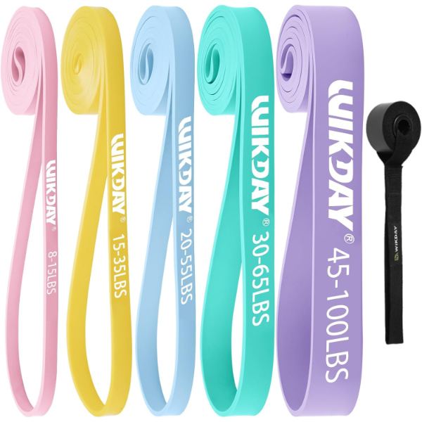 five pastel-colored resistance bands