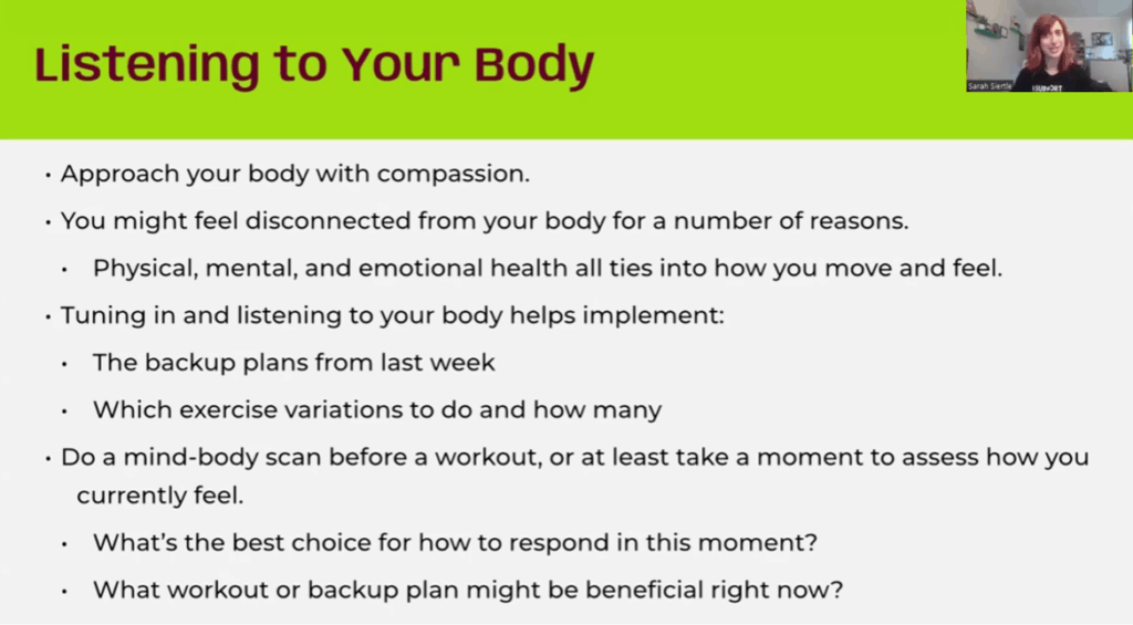 a slide titled "listening to your body"